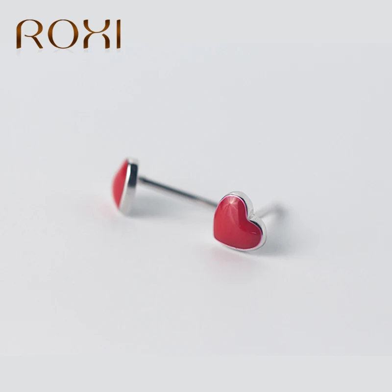 stud earrings ROXI 925 пробы, набор серебряных ювелирных изделий, милый крошечный красный глазурь, кулон в виде сердца, ожерелье для женщин, колье, серьги-гвоздики для девочек, рождественский подарок - Окраска металла: stud earrings