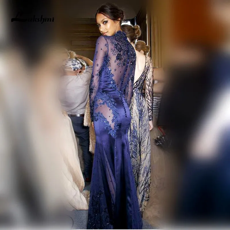 

New 2017 High Quality Mermaid Evening Dresses High Neck Long Sleeve Sexy Applique Embroidery Lace Beaded Prom Evening Gown ly-4