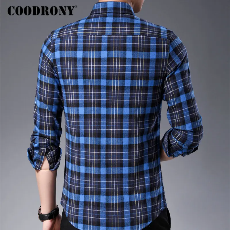 COODRONY, Мужская Осенняя уличная рубашка, модные клетчатые повседневные рубашки, мягкая хлопковая рубашка с длинным рукавом, мужская рубашка с карманом, 96056