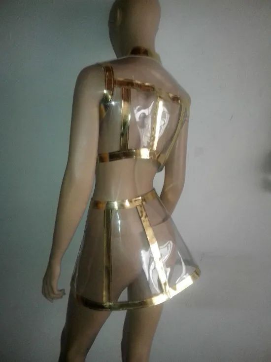 (Топ + юбка) золотистый прозрачный комплект из 2 предметов женский ночной клуб