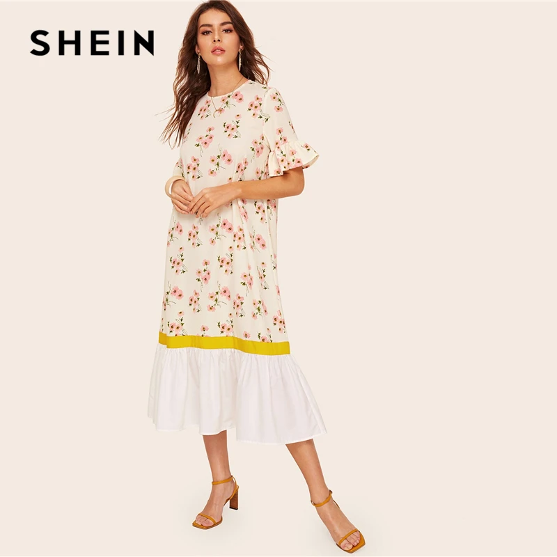 SHEIN платье с оборками, манжетами и подолом, с растительным принтом, женское белое платье с рукавами-воланами, Boho, летние платья на пуговицах