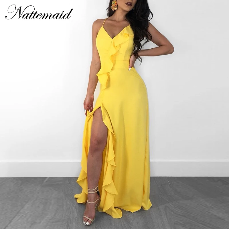 NATTEMAID, красное, желтое шифоновое платье с оборками, женское, элегантное, с открытой спиной, с разрезом, макси, длинное платье, летнее, v-образный вырез, сексуальное платье Vestidos