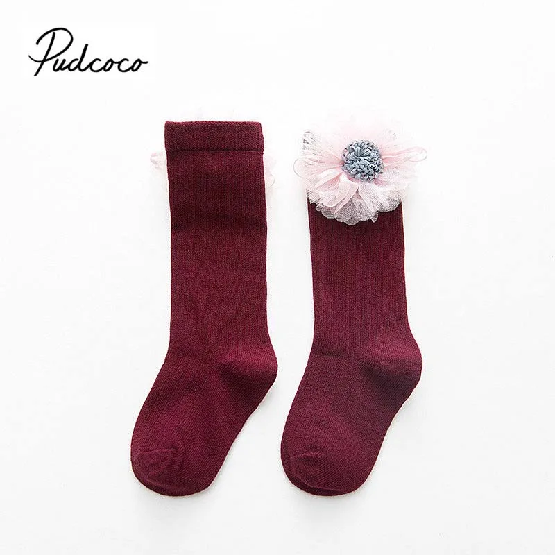 Wine Red Pudcoco новорожденных одежда для малышей Девушка Чулок 3D лебедь цветок против скольжения кружева хлопок колено-Длина загрузки Тапочки милые чулок От 1 до 8 лет - Цвет: Wine Red