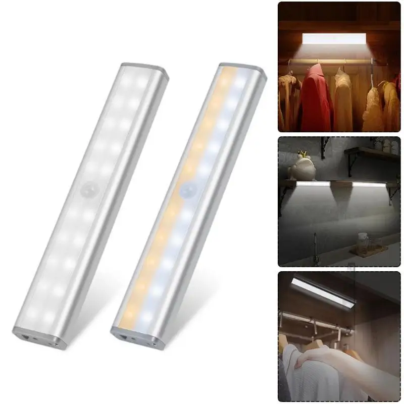 USB зарядка PIR сенсор 20 LED шкаф свет Встроенный датчик света затемняемая лампа бар
