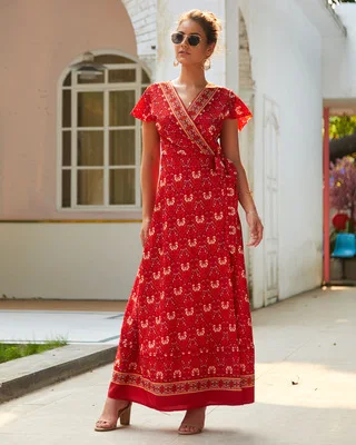 wine red Boho женское летнее платье сексуальное пляжное платье с принтом и бантом с v-образным вырезом длиной до щиколотки асимметричное праздничное женское платье - Цвет: wine red
