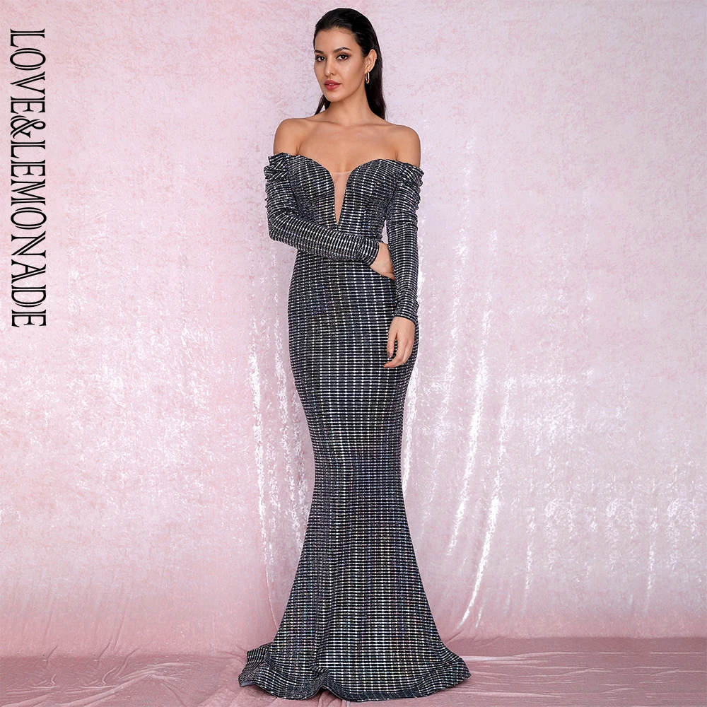 Женское вечернее платье LOVE & LEMONADE серебристое комбинированное облегающее макси с