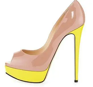 apricot and yellow GENSHUO/Брендовая обувь на каблуке 14 см женские туфли-лодочки на платформе и высоком каблуке красные кожаные свадебные туфли с открытым носком высокий каблук, большой размер 4243, 44, 45 - Цвет: apricot and yellow