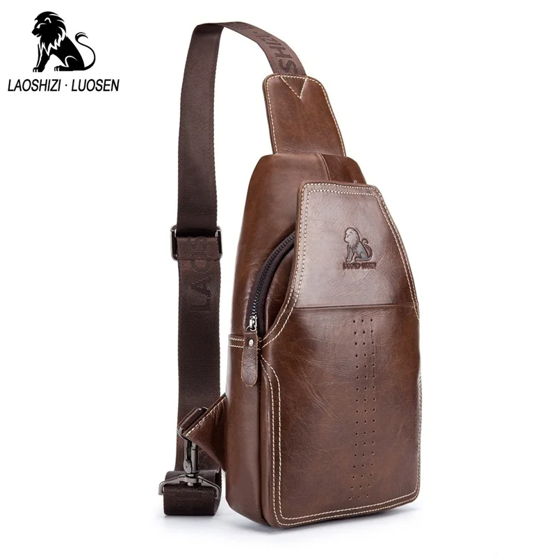 LAOSHIZI LUOSEN New Genuine Leather Men Shoulder Crossbody Bags Vintage Casual Chest Male Travel Single Strap Pack | Багаж и сумки