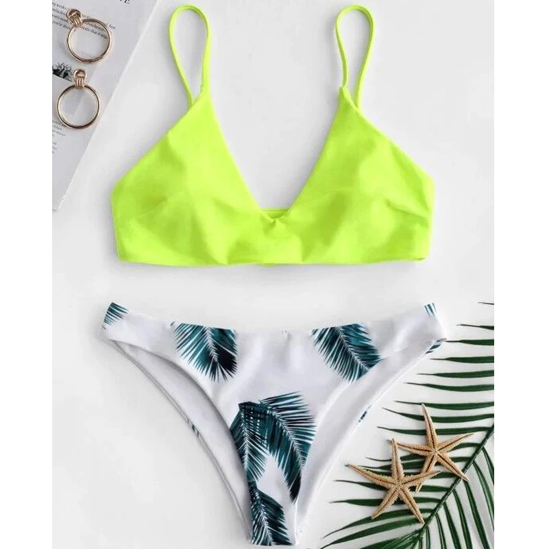 Лиственным принтом сексуальный комплект бикини Schwimmwear женщина с лямкой на шее