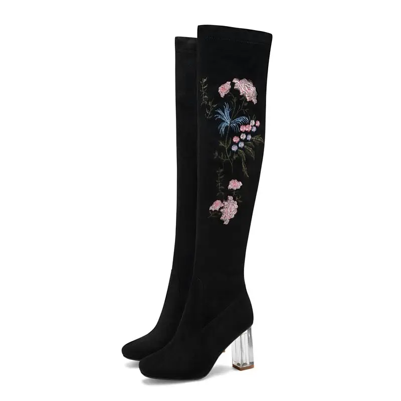 ALLBITEFO crystal heel genuine leather sexy high heels women boots china Embroidery winter snow boots over the knee high boots