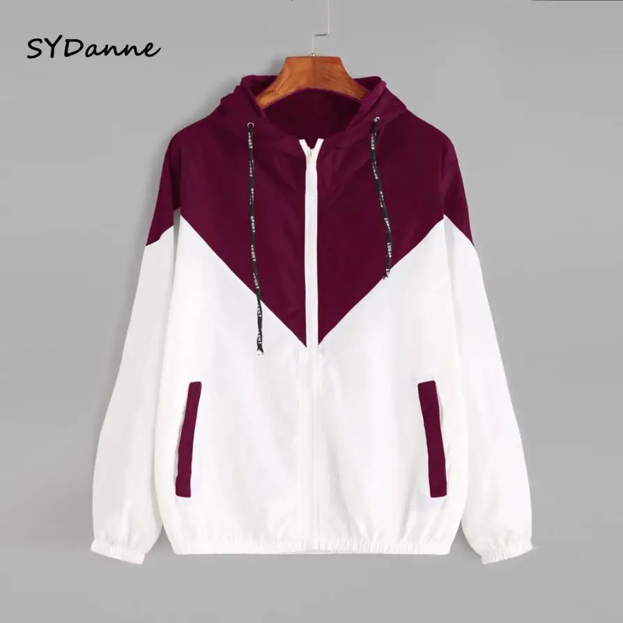 

SYDanne Women Basic Jackets Female Zipper Pockets Casual Long Sleeves Coats Autumn Hooded Jacket Two Tone Windbreaker Jacket