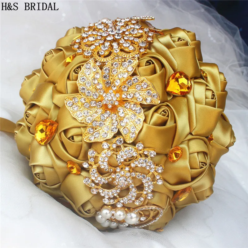 

LOVELY Gold Wedding Flower Luxury Crystal Rhinestone Wedding Bouquet with sequins Artificial Rose Hand Made Rose Hot Sale