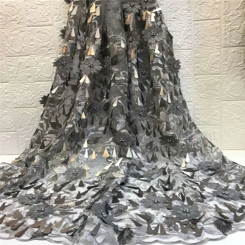 (5 ярдов/шт) серебристо серые африканские длинные пайетки Тюль Кружева