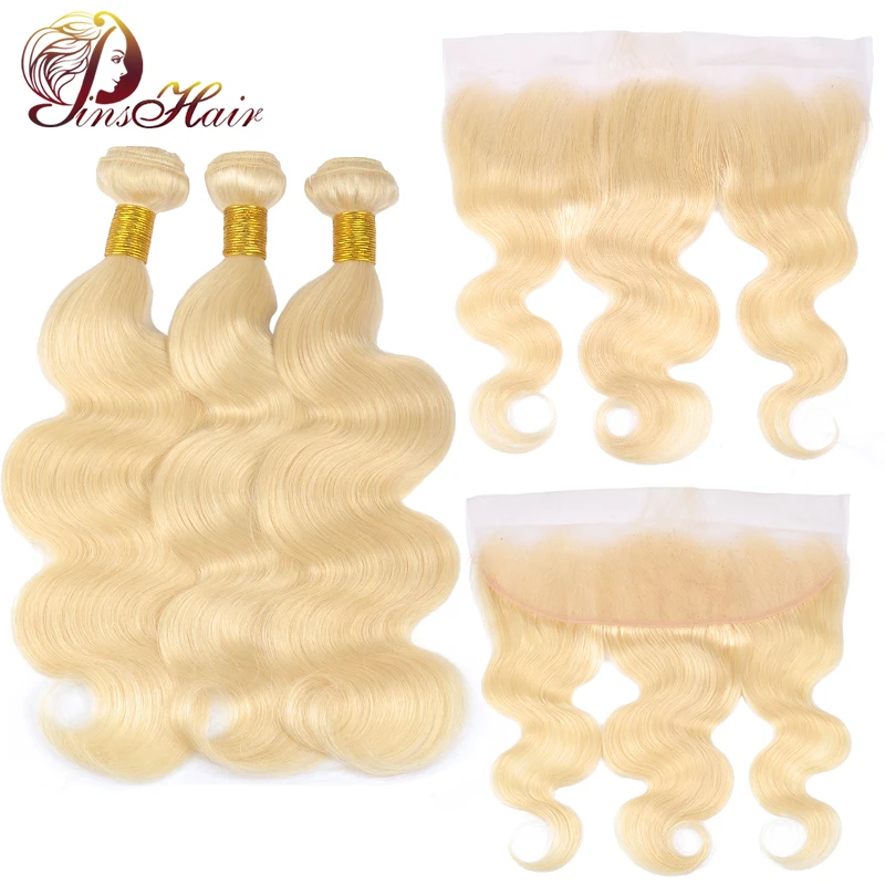 Pinshair мёд светлые бразильские волосы Weave Связки 613 тела волна с закрытием