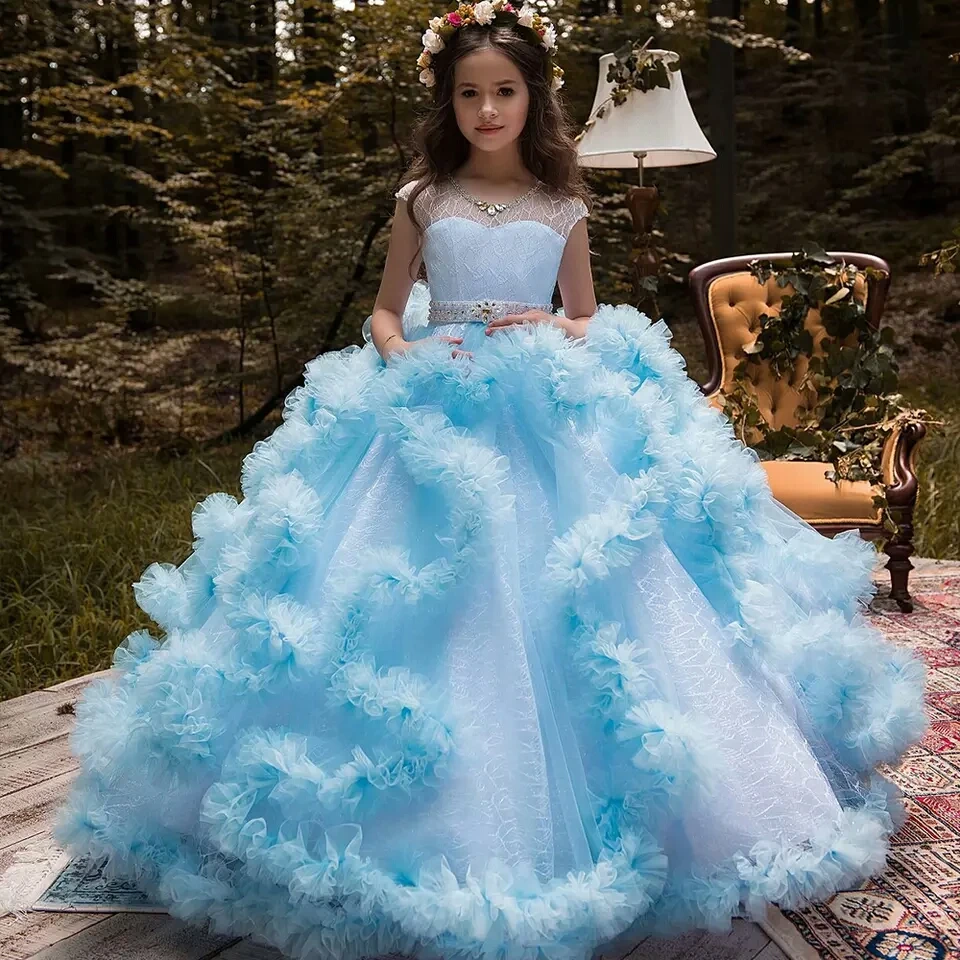 New Puffy Flower Girls Dresses for Wedding Children Birthday Party Dress Ball Gown Custom Made