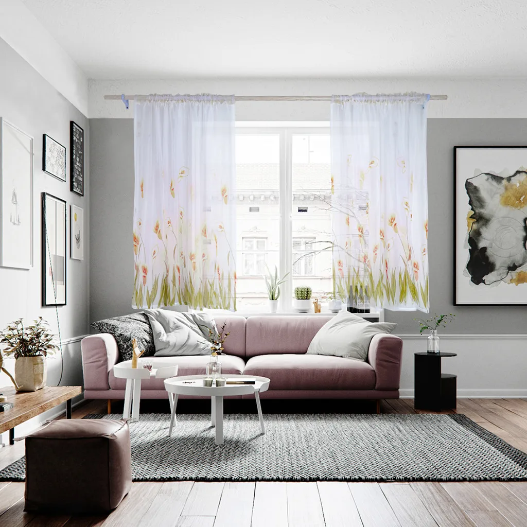 Yellow 200x150cm Curtains For Living Room Daffodil Flower Print Tulle Curtain Handle Tulle Coveted 1 FabricWindow Decoration 67 - Цвет: Yellow