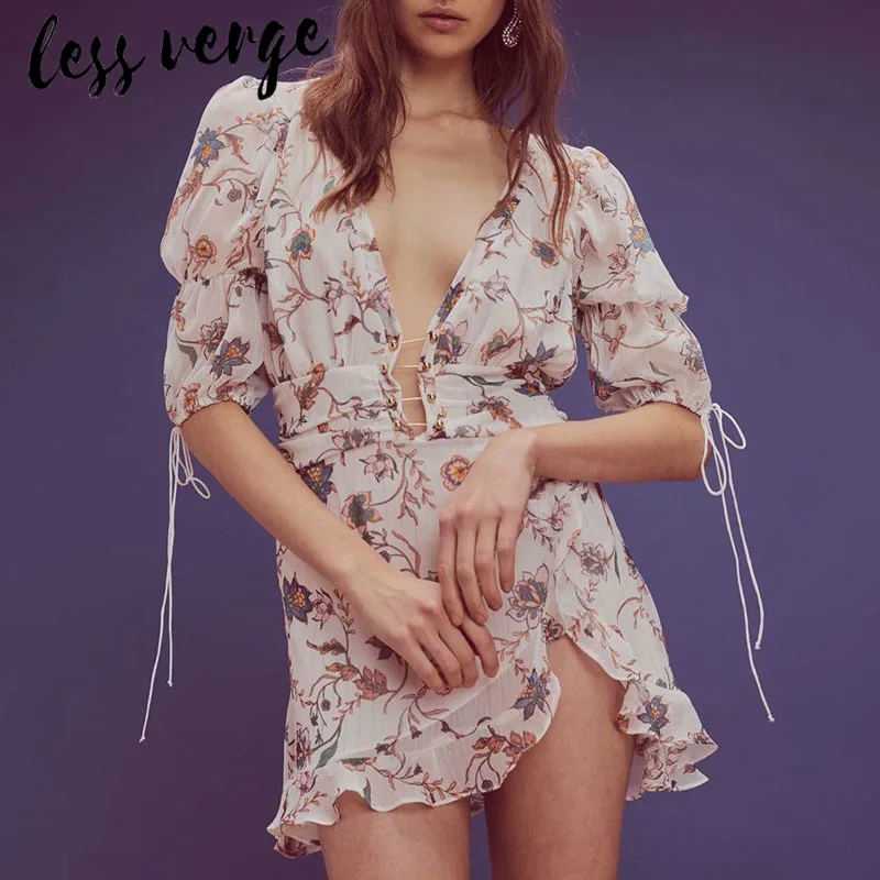 Lessverge V образным вырезом boho сексуальное шифоновое платье мини с пышными рукавами