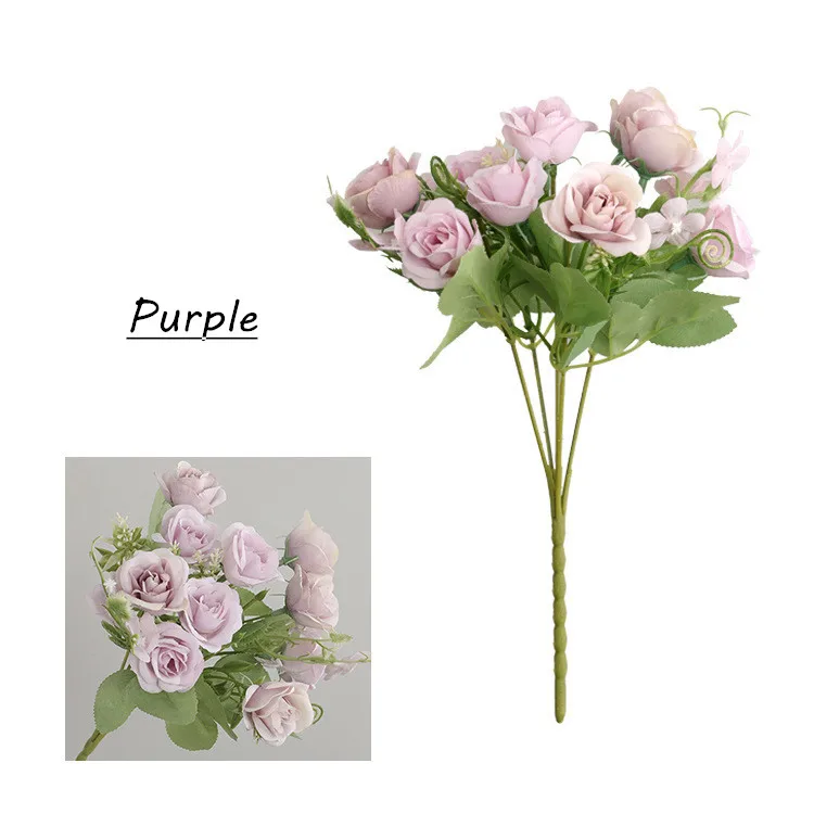 Purple 5 веток, 10 головок, искусственные цветы для украшения, розы, искусственные цветы, сделай сам, свадебный Декор для дома, подарок на день Святого Валентина, цветок розы - Цвет: Purple