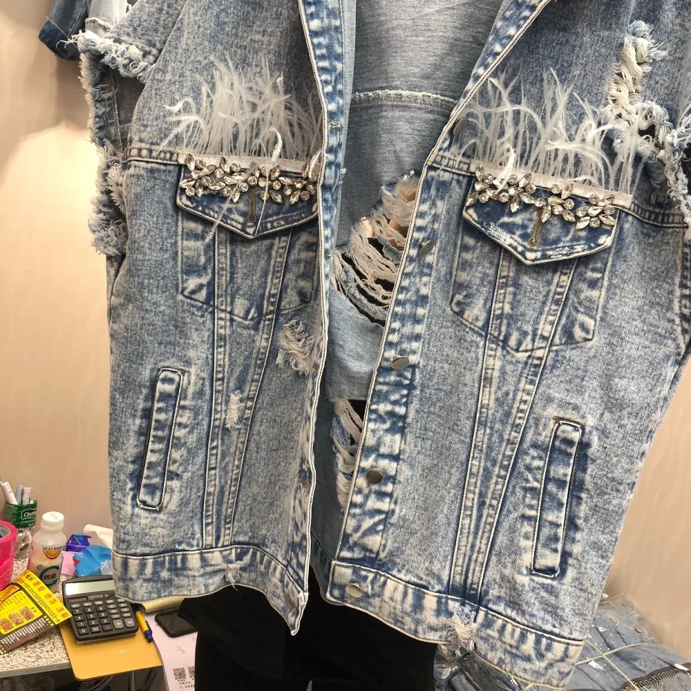 Thailand brand fashion women lace feather sequins beaded hole loose sleeveless denim vest female spring jeans jacket | Женская одежда