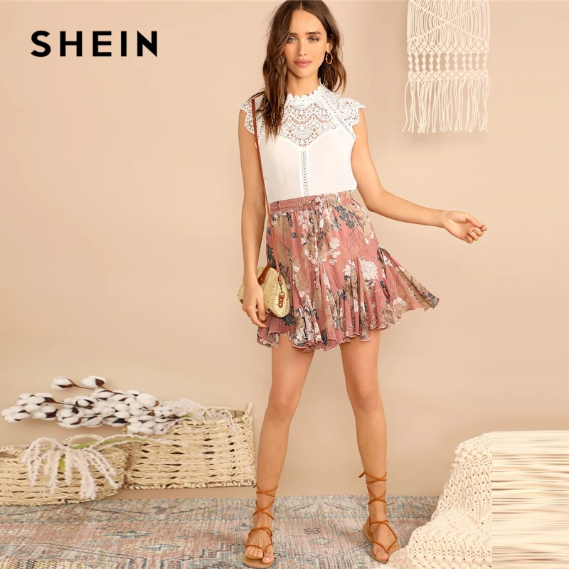 SHEIN Юбка Со Складками И Цветочным Принтом Женская Летняя Богемная Розовая Короткая Юбка