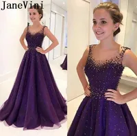JaneVini Longue Robe Regency Purple Evening Dress Soiree 2019 Beaded Pearls Long Formal Gowns Zipper Back Women Prom Party Dress