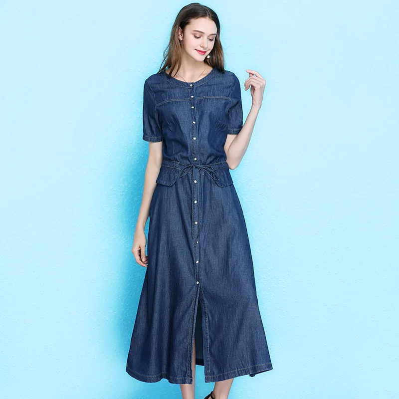 Blue with belt Женское модное летнее платье большого размера, джинсовое платье с коротким рукавом, длинное платье трапециевидной формы с завязками на талии, женское платье NW19B6115 - Цвет: Blue with belt