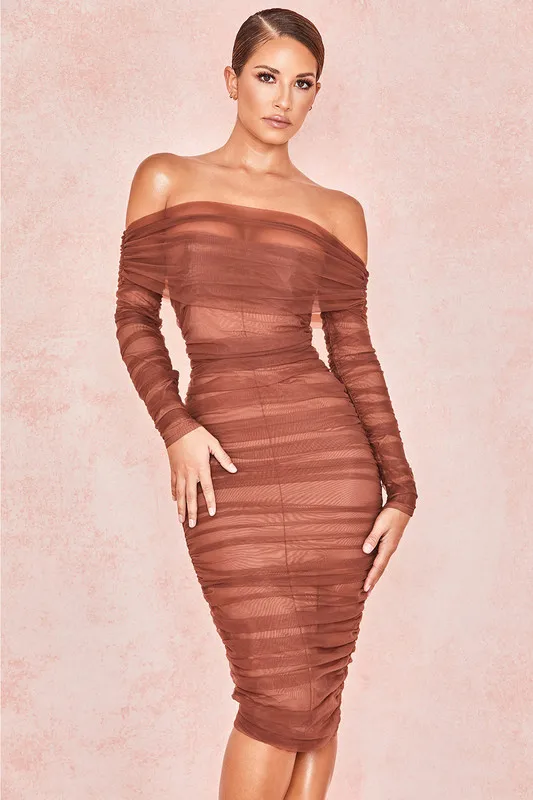 

High Quality Celebrity Brown Long Sleeve Mesh Slash Neck Rayon Bandage Dress Evening Party Bodycon Dress