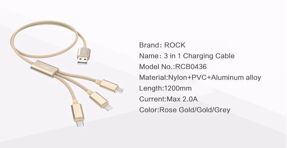 ROCK 3 в 1 USB кабель для iPhone/Micro/type C, многофункциональный зарядный кабель