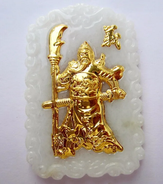 

New Pure 24k Yellow Gold 100% Natural /Jadeite Big Guangong Pendant