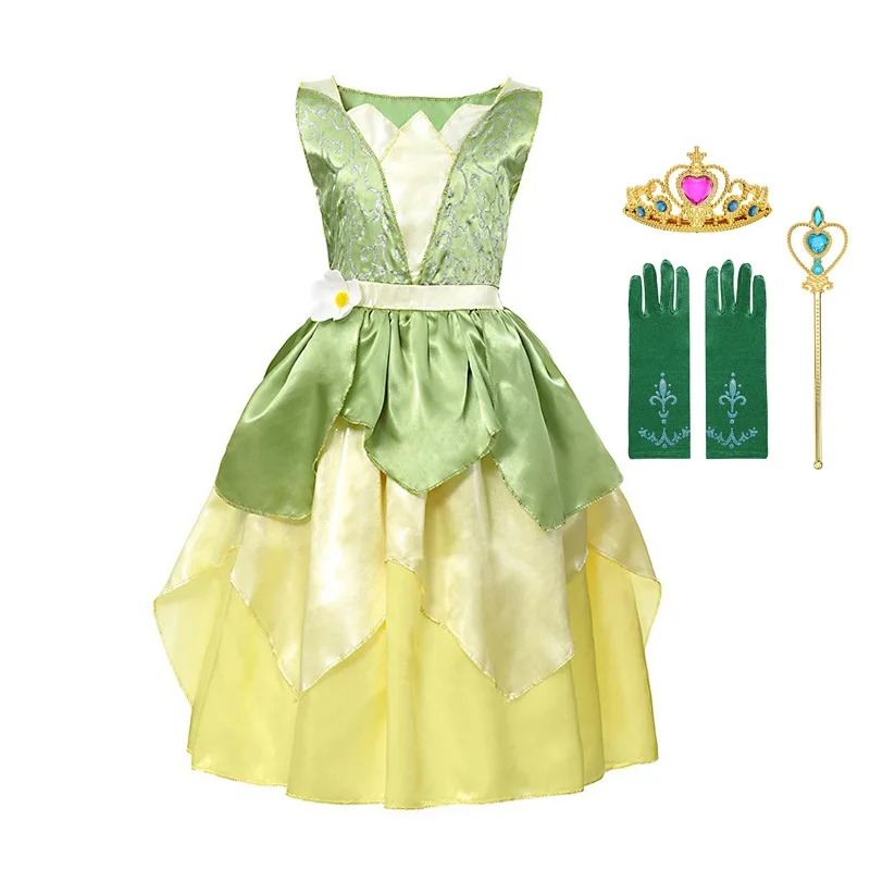 Tiana Dress Set 03 MUABABY костюм принцессы Тиана для девочек детское платье принцессы без рукавов и платье с лягушкой на Хеллоуин, детская вечеринка, танцевальная фантазия - Цвет: Tiana Dress Set 03