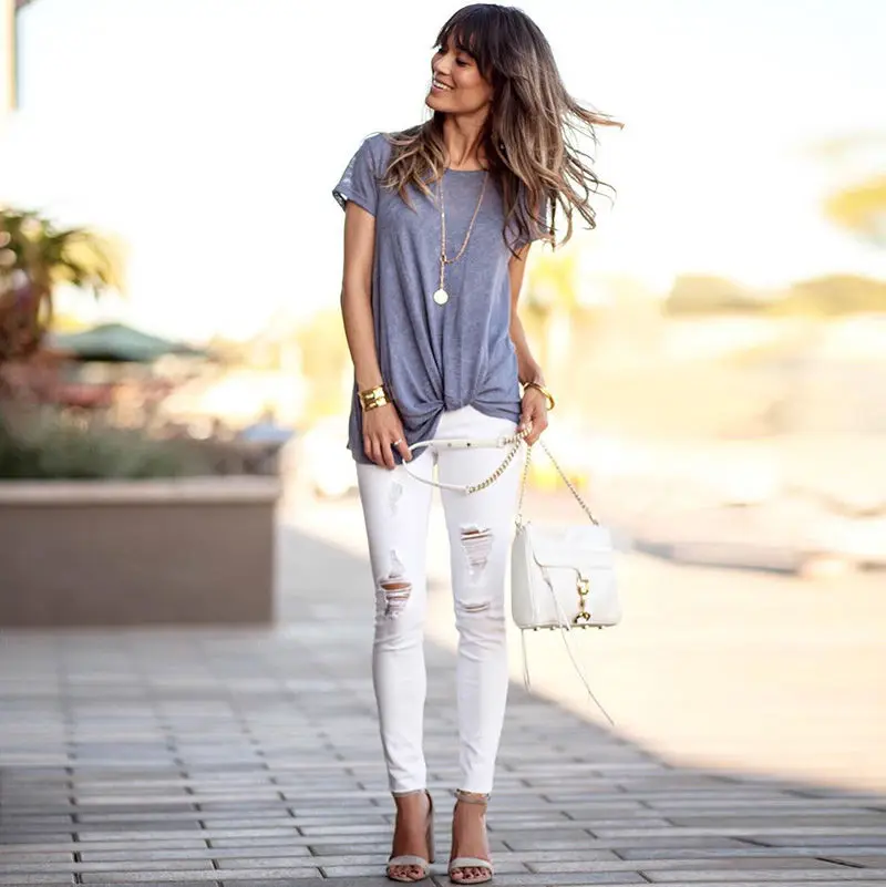 

Women O-Neck Short Sleeve T-Shirt Office Ladies Summer Tops Twist Knot Front T Shirt Solid Casual Tees Tops