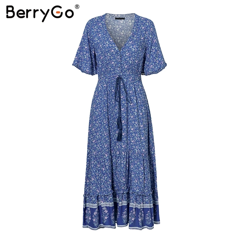BerryGo, женские платья, богемные платья, с принтом, летнее платье, с коротким рукавом, с рюшами, длинное, макси платье, с v-образным вырезом, на завязках, для девушек, vestidos