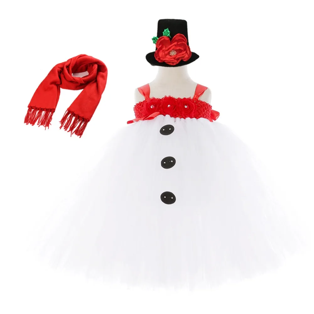 Белое платье со снеговиком рождественские наряды для маленьких девочек зимнее платье-пачка длиной до щиколотки Одежда для новорожденных с красным шарфом и цветочной шляпой