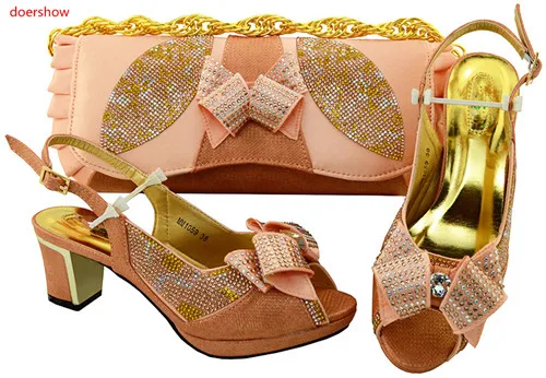 

doershow 2018 Ladies Shoes and Bag Set African Sets Italian Shoes with Matching Bags peach Women Shoes and Bag for party!SVP1-24