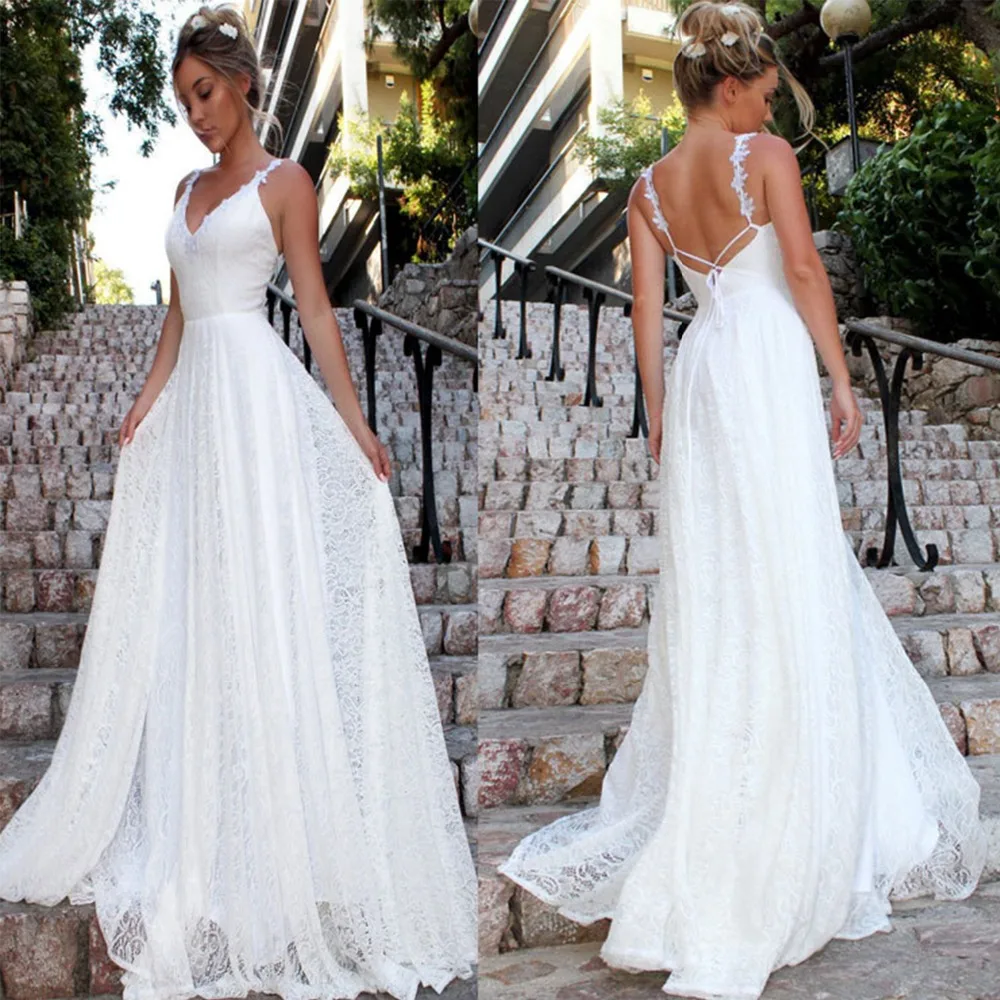 

ANTI Graceful V-Neck Beach Wedding Dresses Backless Lace Long Bridal Gowns Tulle Vestido De Novia Custom Sleeveless