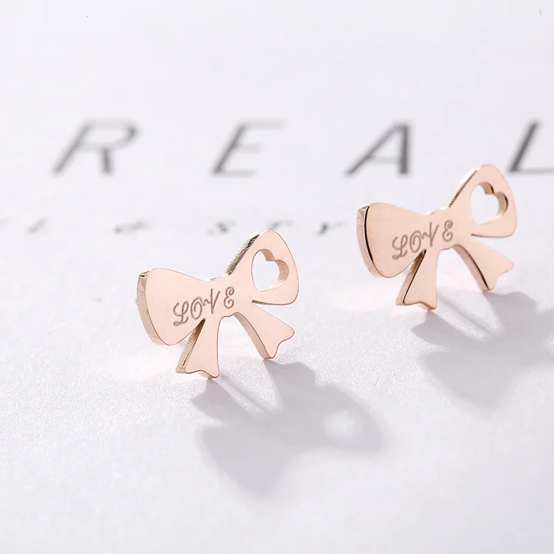 Серьги гвоздики из нержавеющей стали умные украшения с бантиком надписью цвет