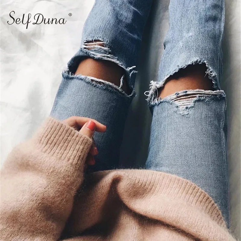 Self Duna, женские рваные джинсы, Ретро стиль, классные, с дырками, бойфренд, повседневные, высокая талия, джинсовые штаны прямые, Женские джинсовые штаны