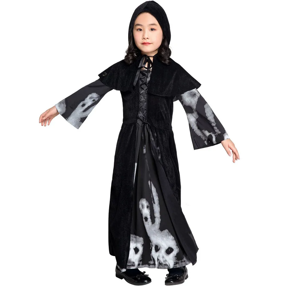 Hoodie Witch child clothing Grim Reaper girl black Dress Scary Cosplay Costumes Halloween kid Dresses | Тематическая одежда и
