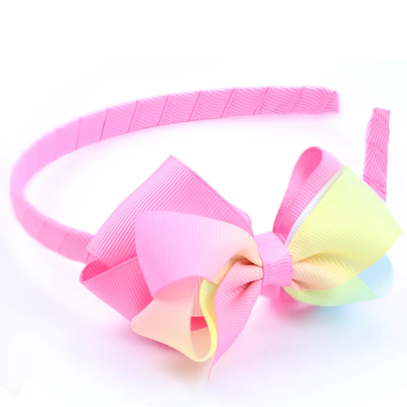 Бутик 1 шт Мода ленты лук Hairbands сплошной Градиент Радуга Цвет бант для волос
