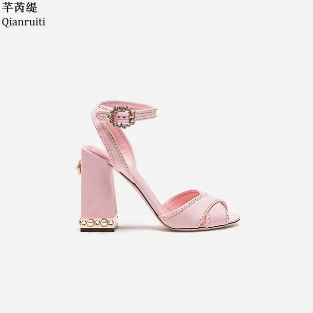 Qianruiti Printing Leather Women High Heels Sandals Open Toe Buckle Strap Pumps Studded Crystal Block Shoes | Обувь