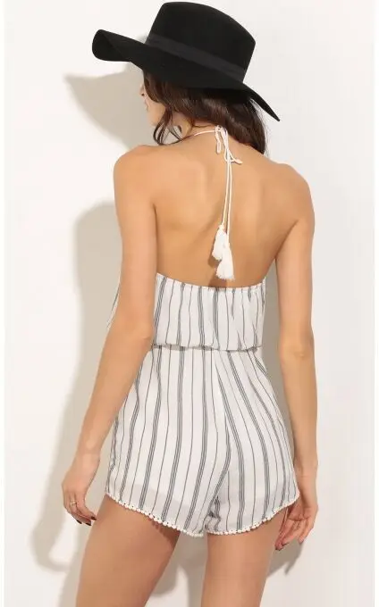 Лето 2016 пляж женщины комбинезоны полосатый кисточкой комплект мини комбинезон