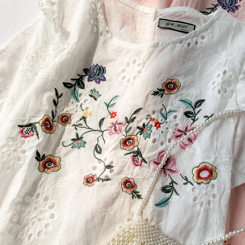 2019 Новая модная женская блузка рубашка свежая кружевная вышитая с коротким