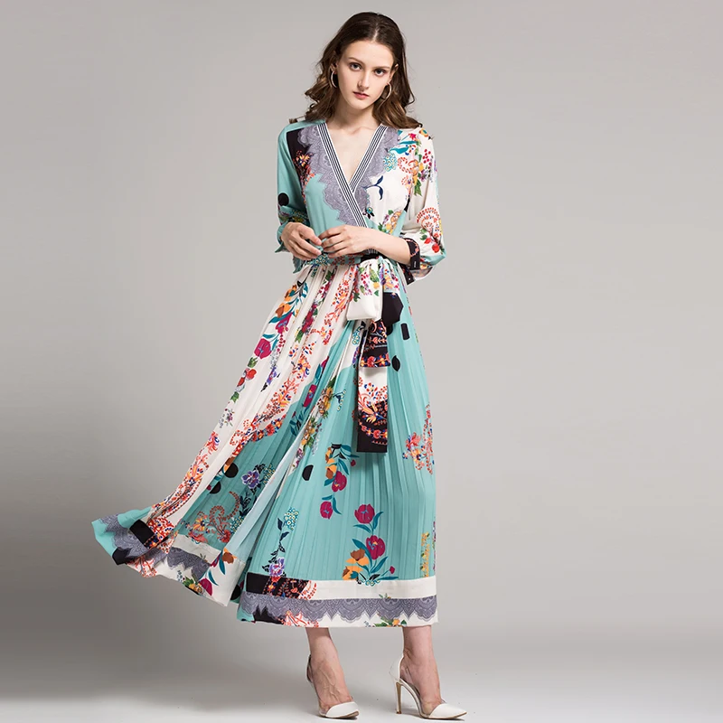 Женское винтажное платье с поясом V образным вырезом и рукавом 2018|maxi long dress|long