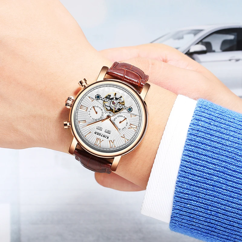 KINYUED Tourbillon Watch Men Perpetual Calendar Skeleton Mens Automatic Mechanical Watches Multifuntional Relogio Masculino | Наручные