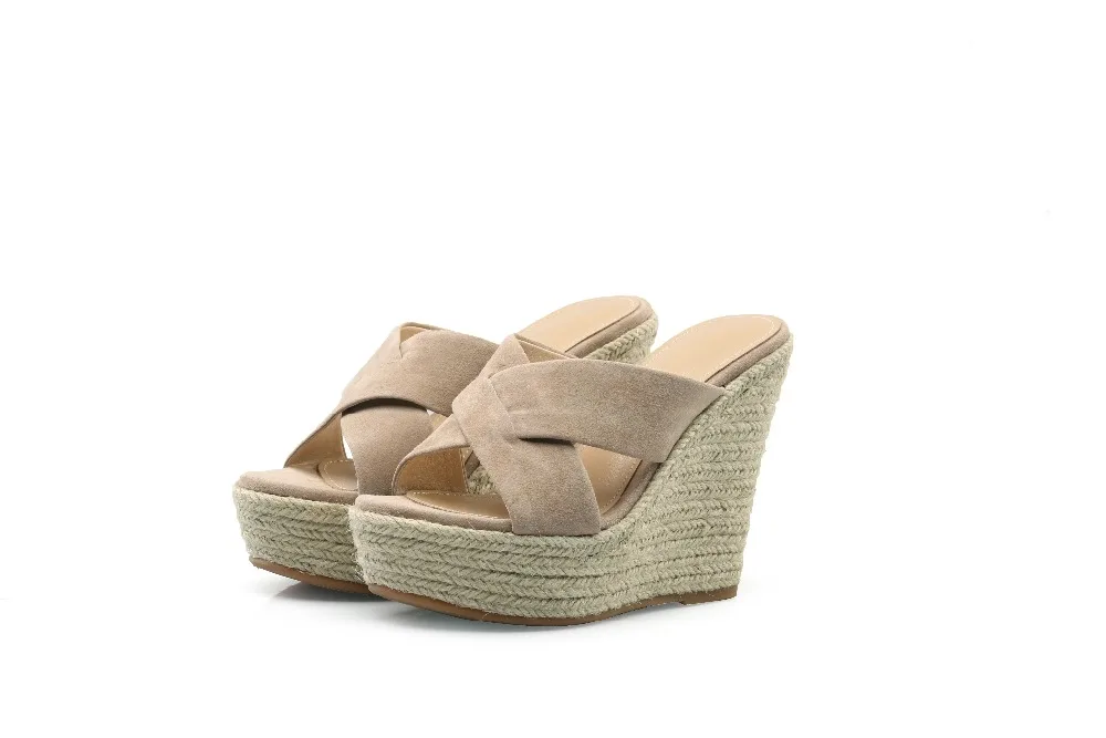 

2021 Natural Leather Peep Toe Mules Women Slip On Super High Wedges Heels Slides Ladies Luxury Straw Mules Shoes Woman