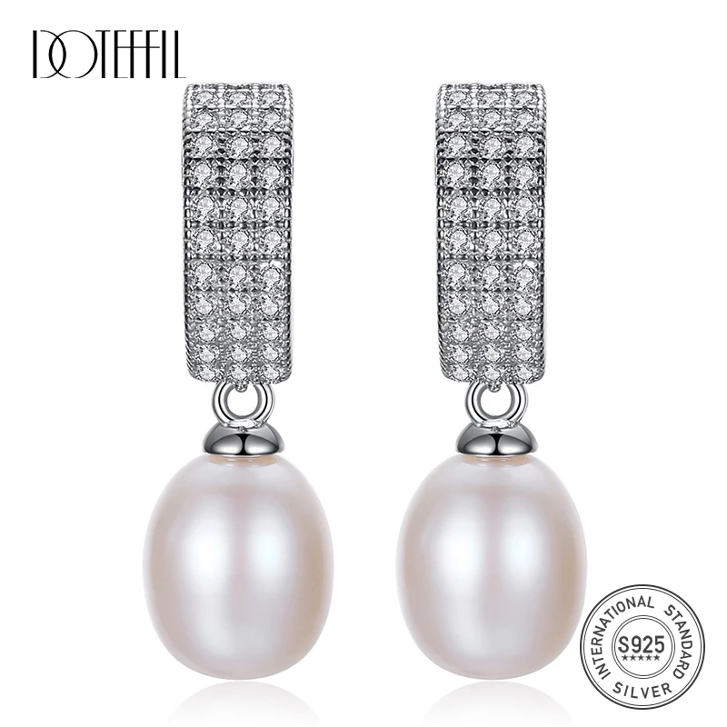 

DOTEFFIL White/Pink/Purple 10mm Pearl 925 Sterling Silver AAA Zircon Earrings For Women Wedding Engagement Charm Jewelry