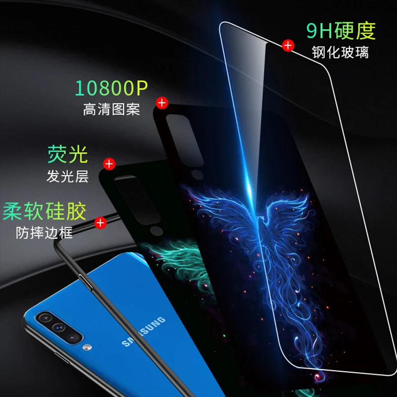 Dragon Wolf Luminous Glass Phone Case For Samsung Galaxy A50 a505 Luxury back Cover A30 a305 Night Shine case |