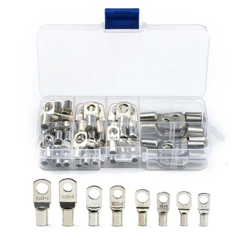 

60 PCS SC Bare Terminals Tinned Copper Lug Ring Seal Wire Connectors Bare Cable Crimped/Soldered Terminal Assorted Kit