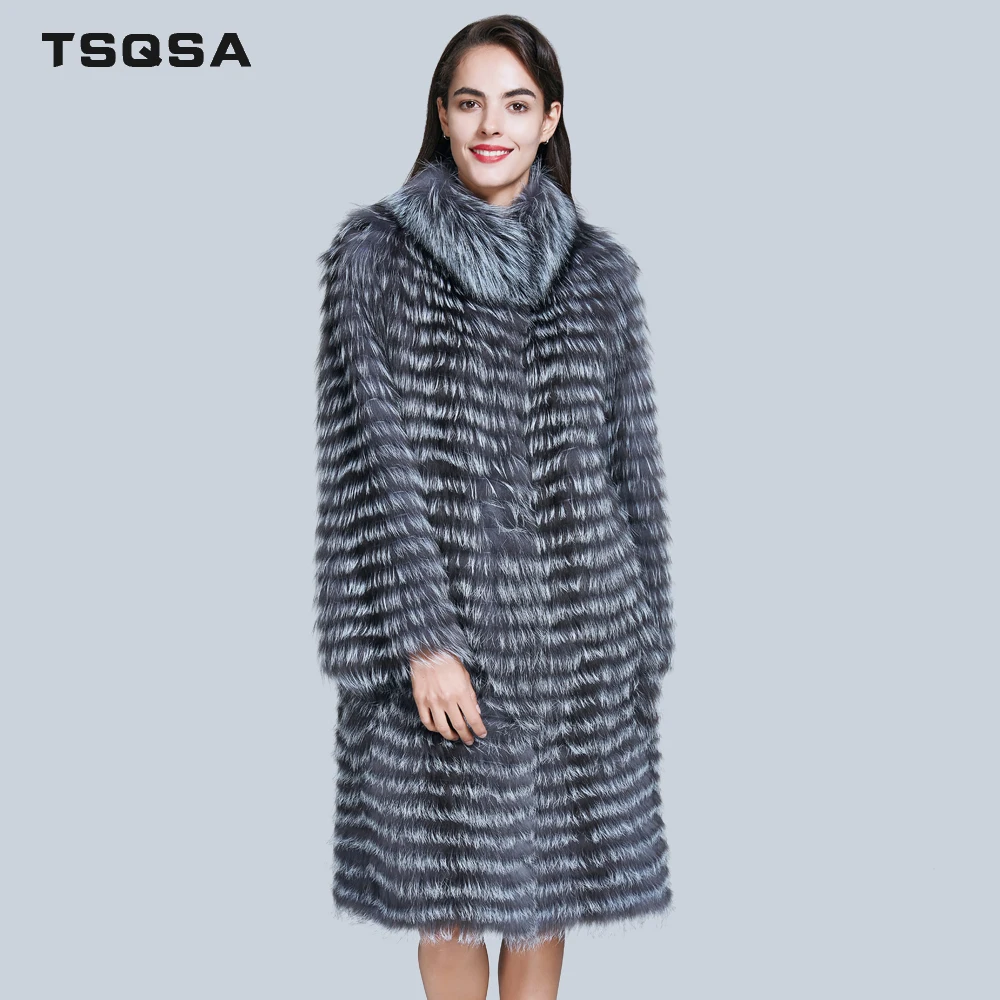 TSQSA Настоящее Silver Fox Шубы Женщин Длинный Тонкий Зима Натуральная Меховая Куртка