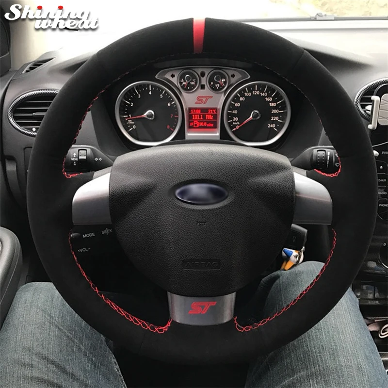 Ручной пришитый черный кожаный замшевый чехол рулевого колеса автомобиля для Ford